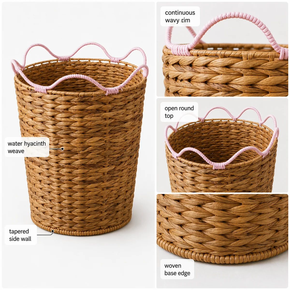 Natural Water Hyacinth Round Laundry Hamper with Pale Pink Wavy Rim Handles