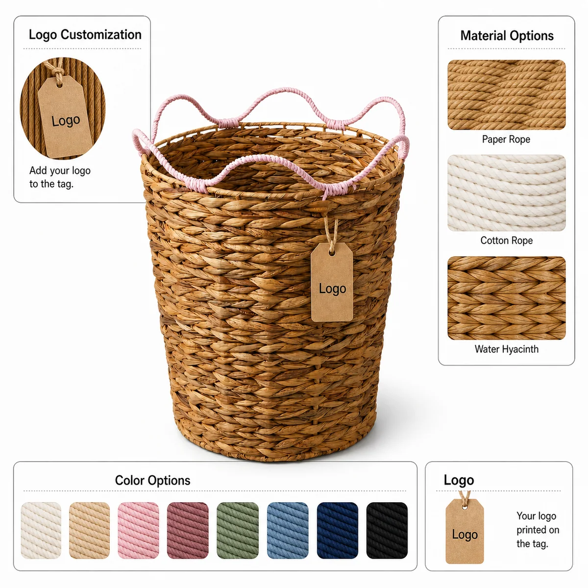Natural Water Hyacinth Round Laundry Hamper with Pale Pink Wavy Rim Handles