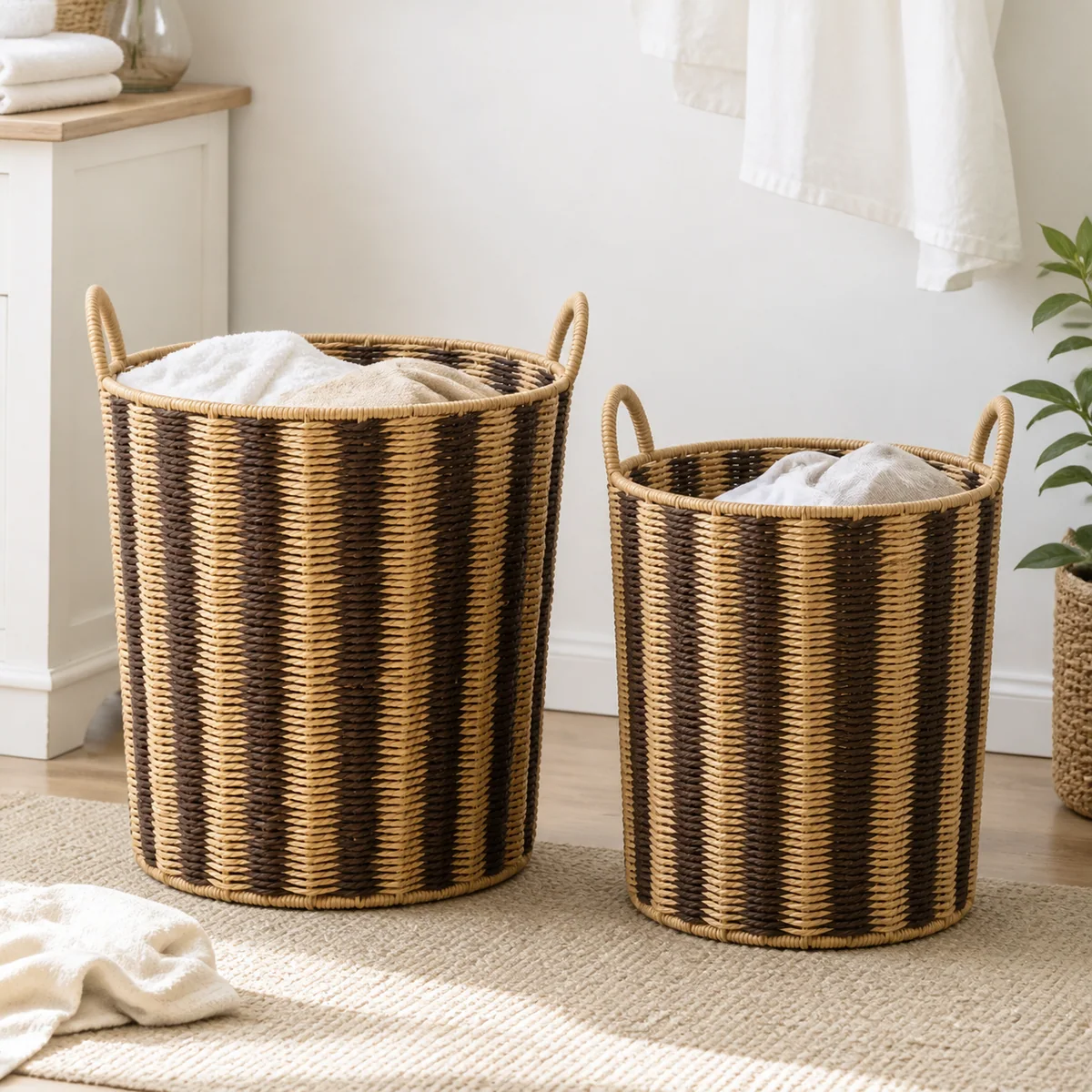 Natural Tan and Dark Brown Paper Rope Round 2-Piece Nested Laundry Hamper Set with V Pattern
