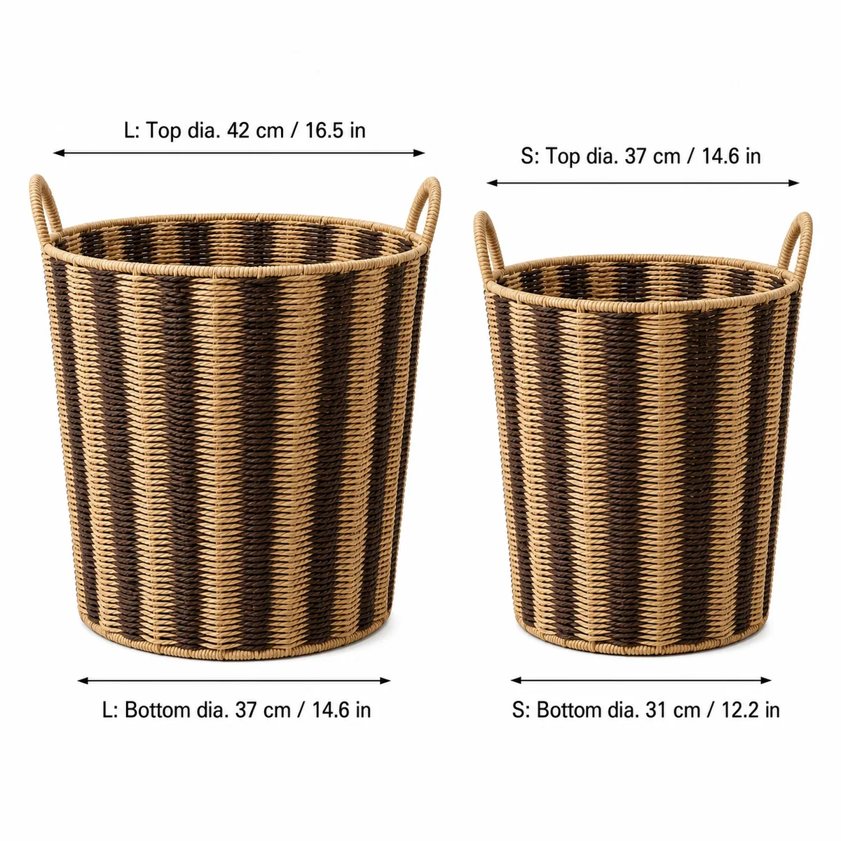 Natural Tan and Dark Brown Paper Rope Round 2-Piece Nested Laundry Hamper Set with V Pattern