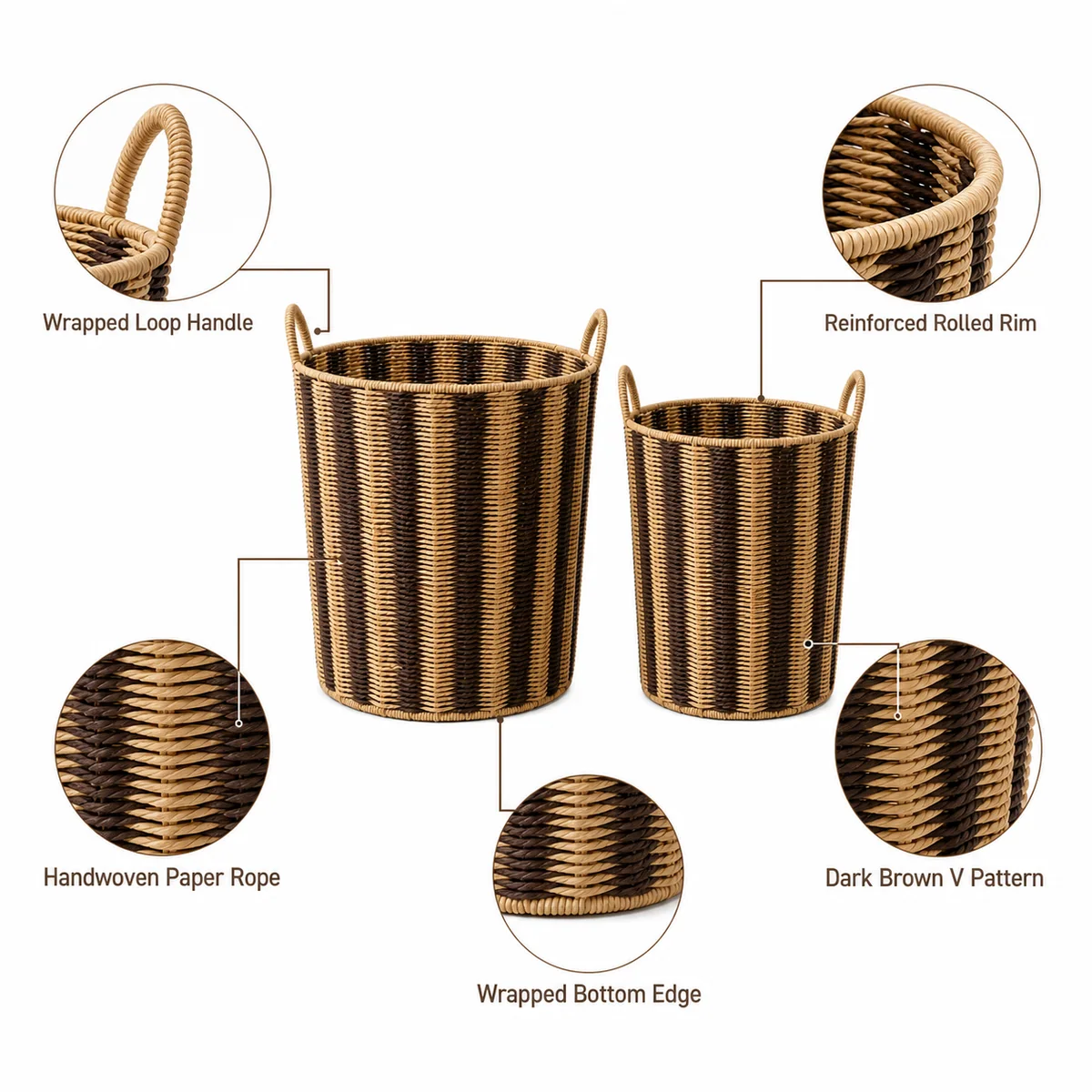 Natural Tan and Dark Brown Paper Rope Round 2-Piece Nested Laundry Hamper Set with V Pattern