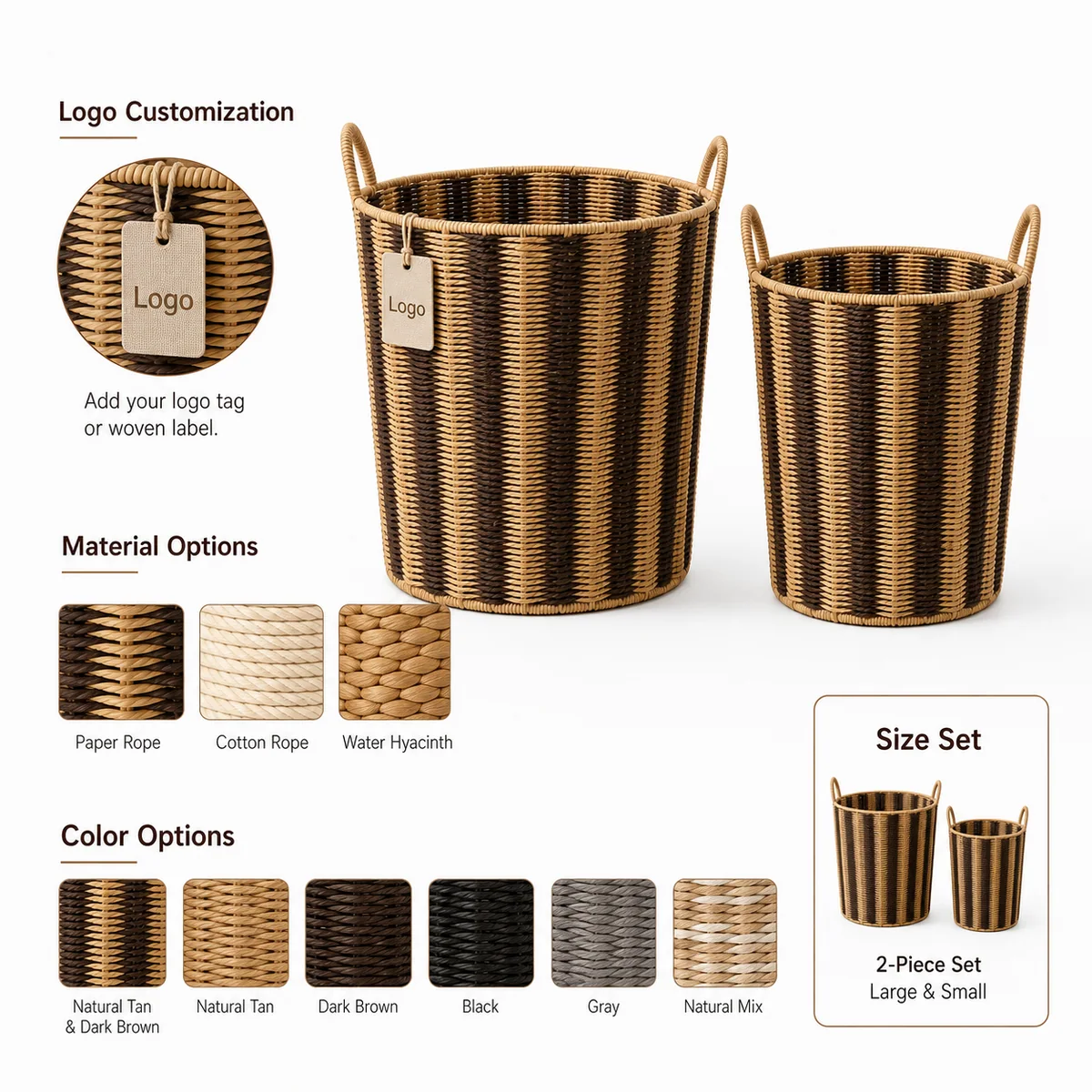 Natural Tan and Dark Brown Paper Rope Round 2-Piece Nested Laundry Hamper Set with V Pattern