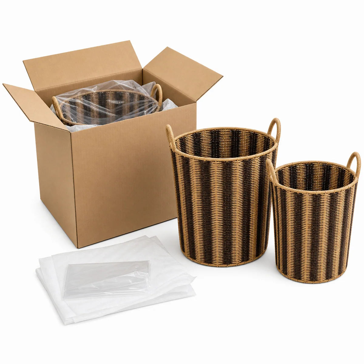 Natural Tan and Dark Brown Paper Rope Round 2-Piece Nested Laundry Hamper Set with V Pattern
