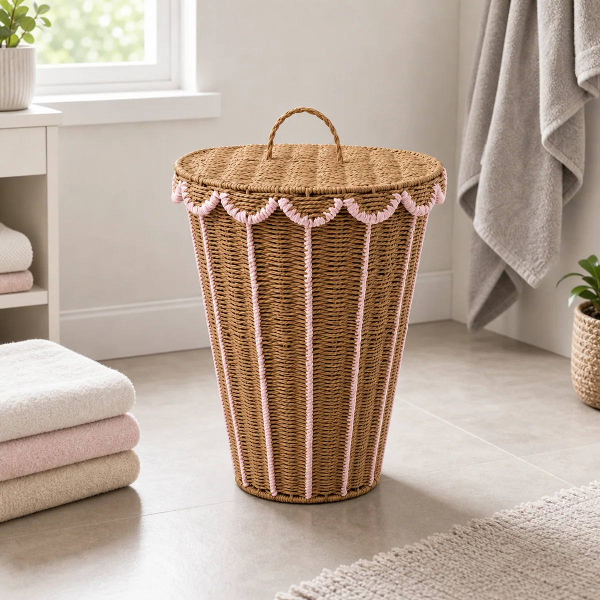 Natural Brown and Pale Pink Paper Rope Round Lidded Tall Laundry Hamper with Scalloped Trim