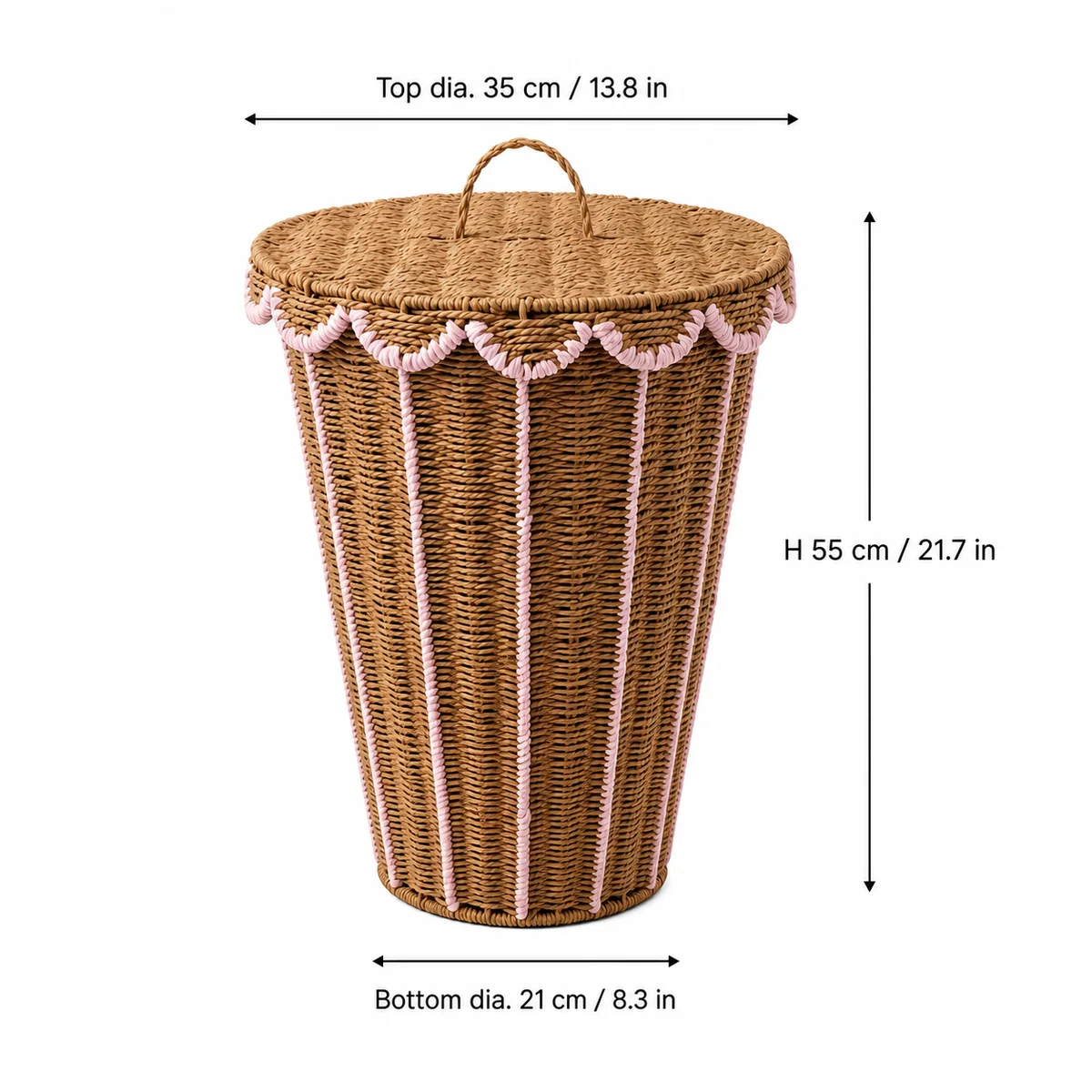 Natural Brown and Pale Pink Paper Rope Round Lidded Tall Laundry Hamper with Scalloped Trim