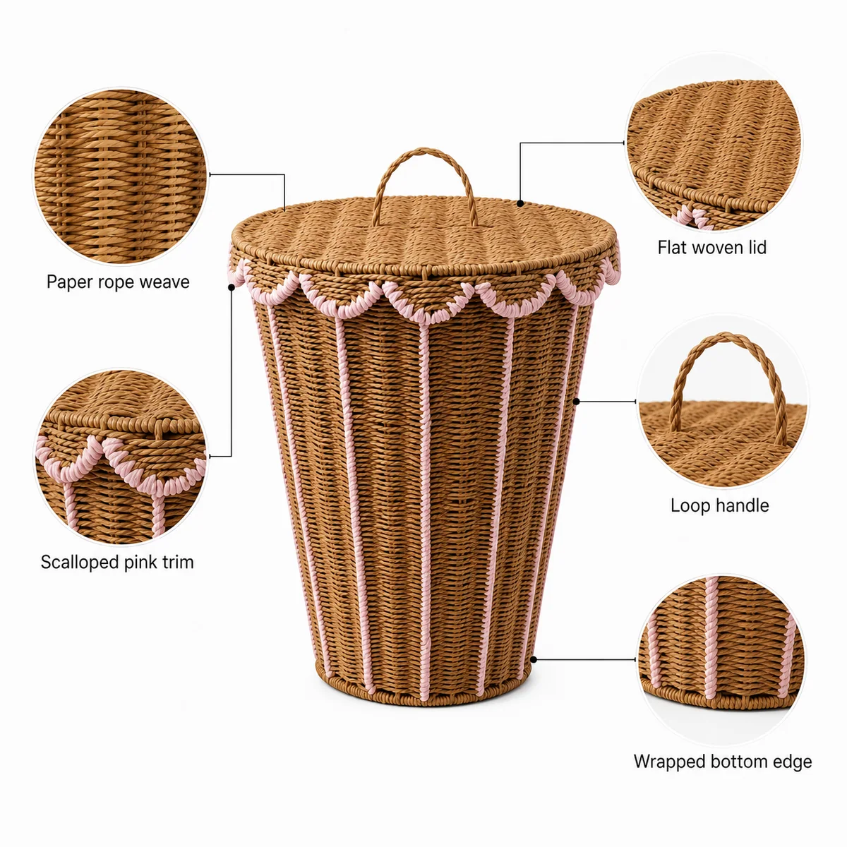 Natural Brown and Pale Pink Paper Rope Round Lidded Tall Laundry Hamper with Scalloped Trim