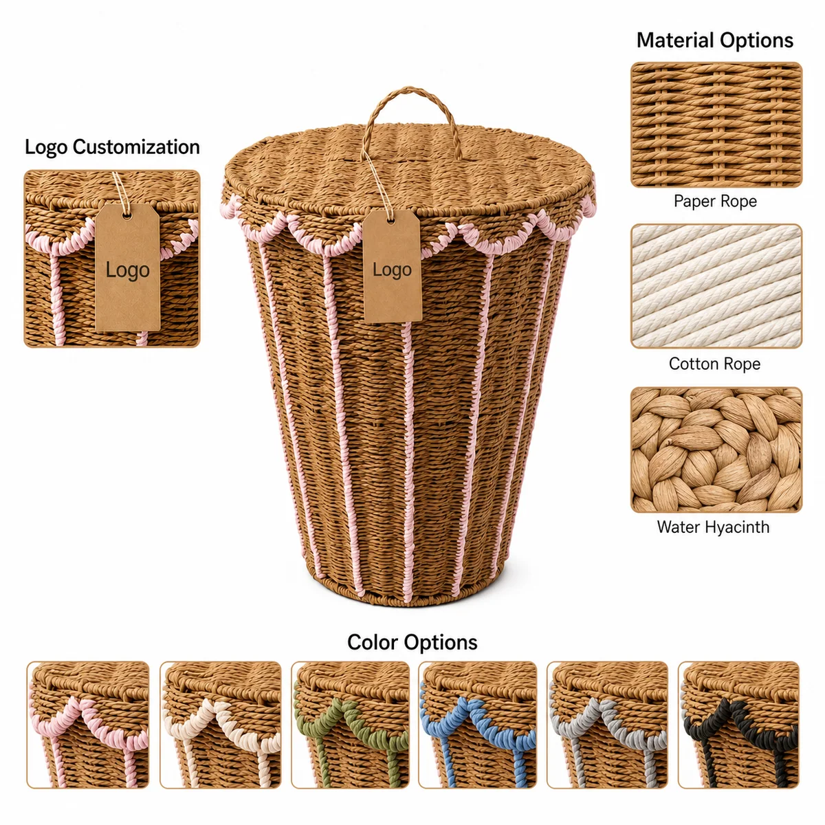 Natural Brown and Pale Pink Paper Rope Round Lidded Tall Laundry Hamper with Scalloped Trim