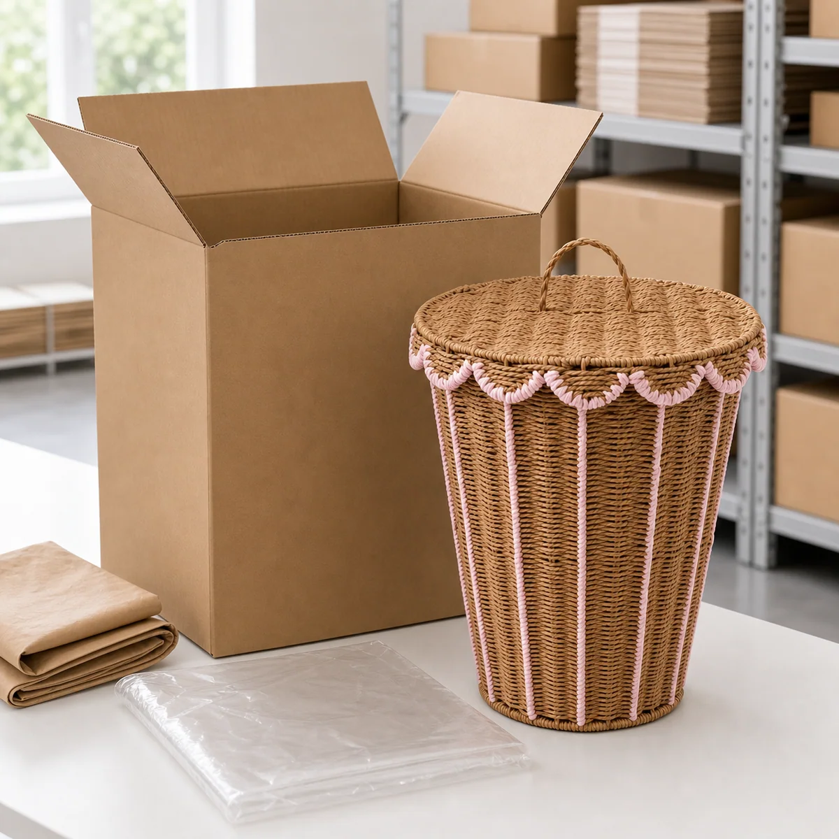 Natural Brown and Pale Pink Paper Rope Round Lidded Tall Laundry Hamper with Scalloped Trim