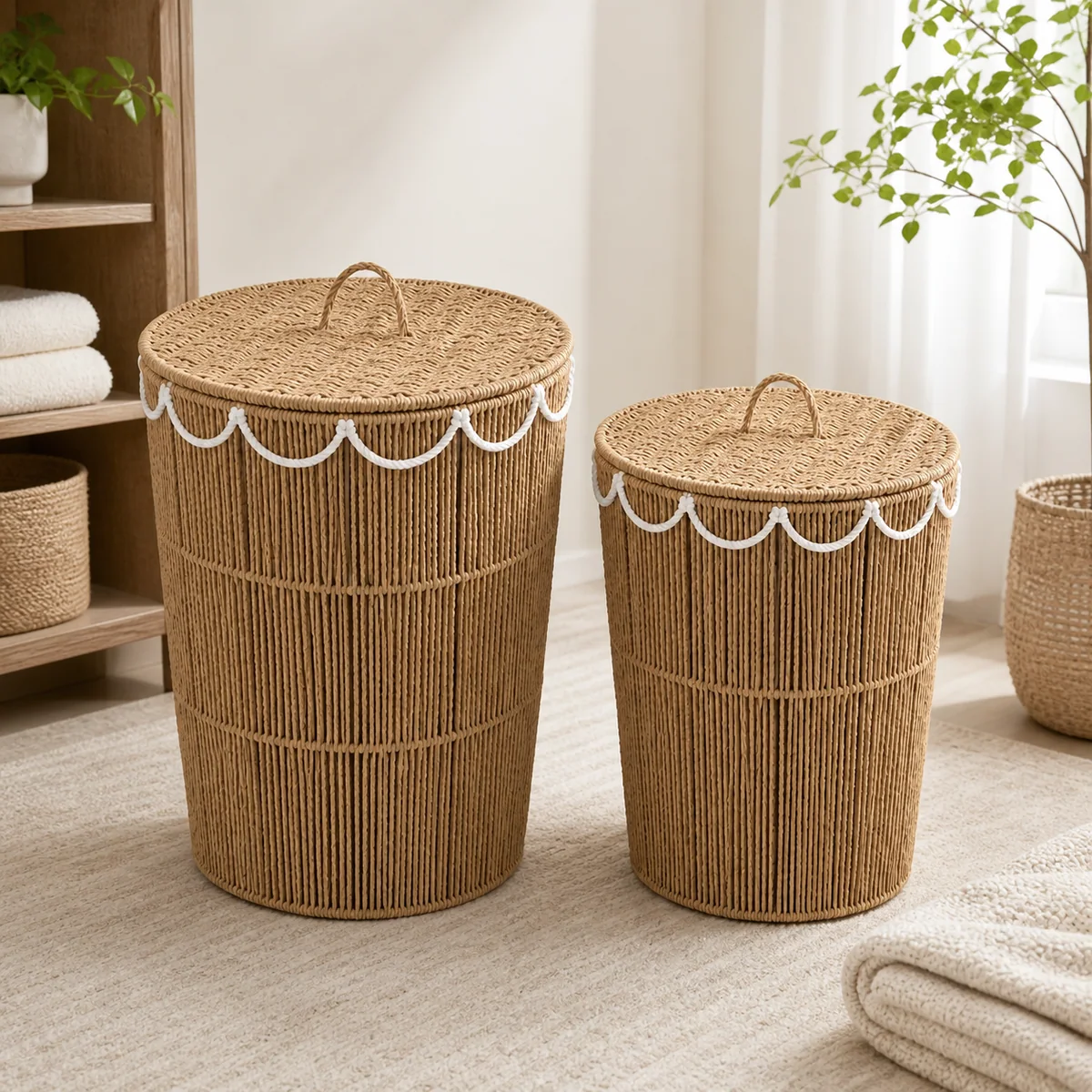 Natural Tan and White Paper Rope Round 2-Piece Lidded Tall Laundry Hamper Set