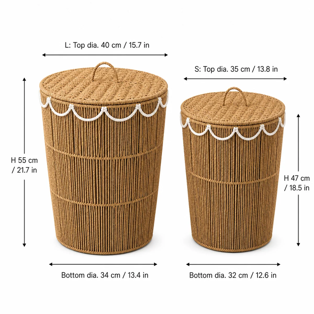 Natural Tan and White Paper Rope Round 2-Piece Lidded Tall Laundry Hamper Set