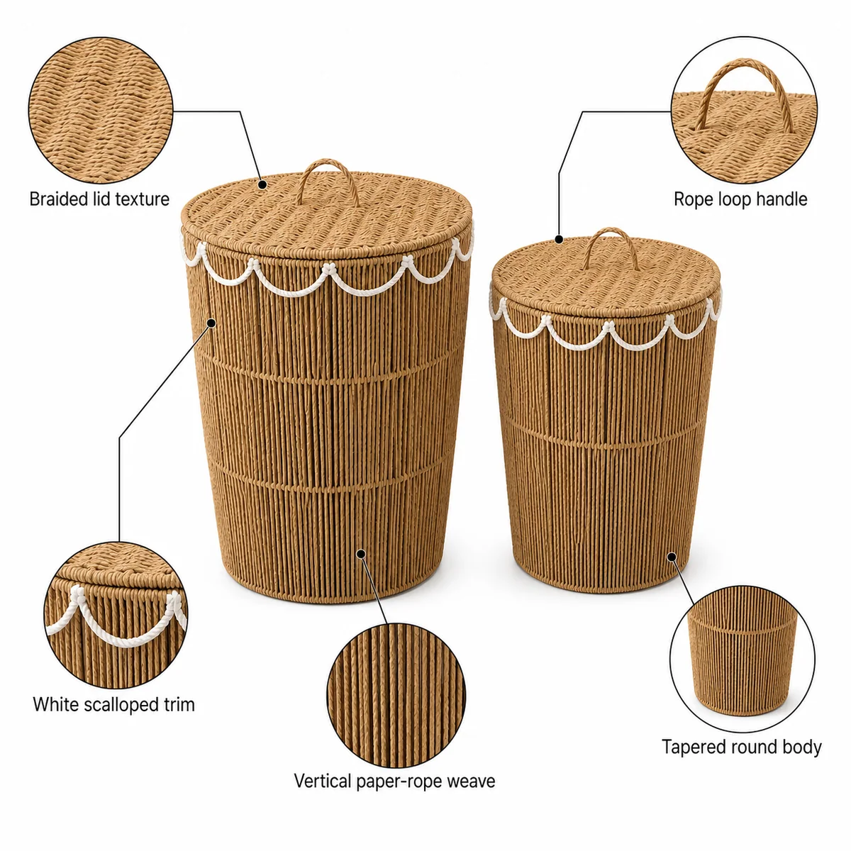 Natural Tan and White Paper Rope Round 2-Piece Lidded Tall Laundry Hamper Set