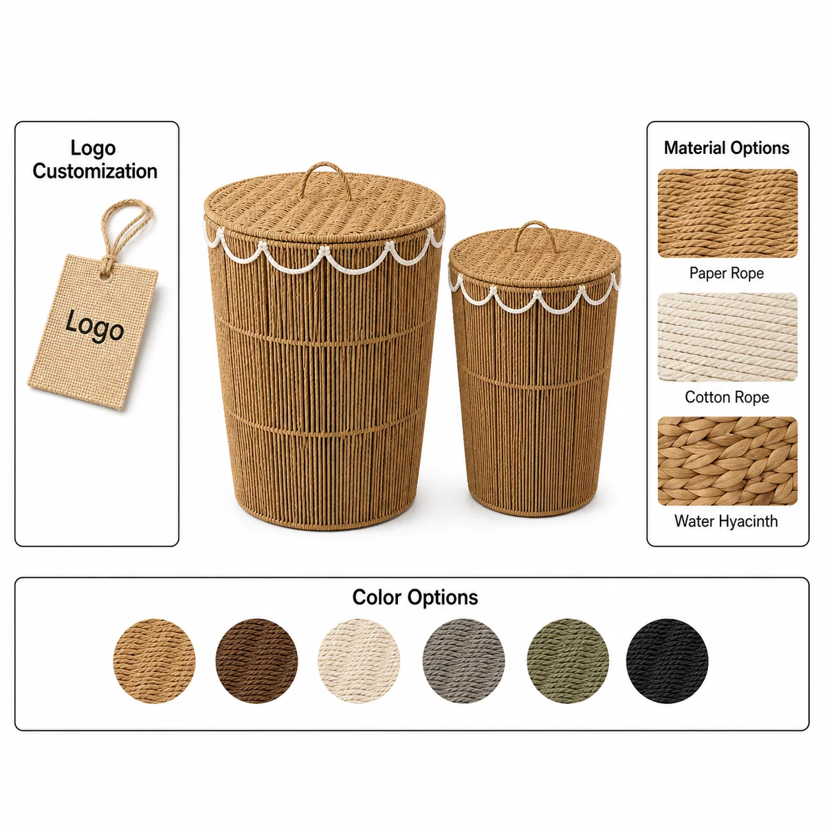 Natural Tan and White Paper Rope Round 2-Piece Lidded Tall Laundry Hamper Set