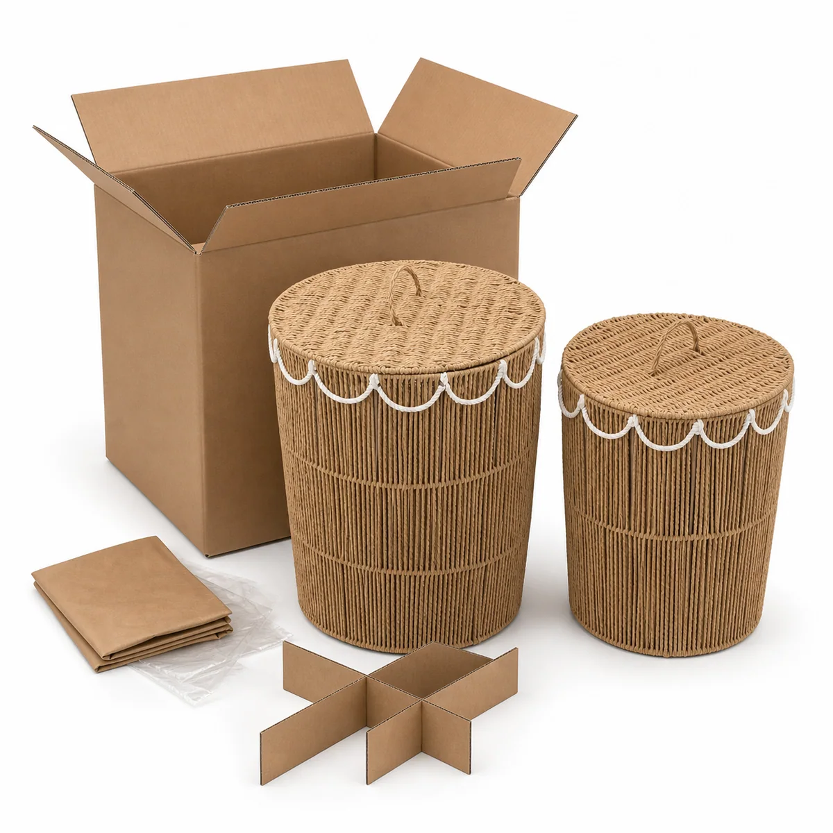 Natural Tan and White Paper Rope Round 2-Piece Lidded Tall Laundry Hamper Set