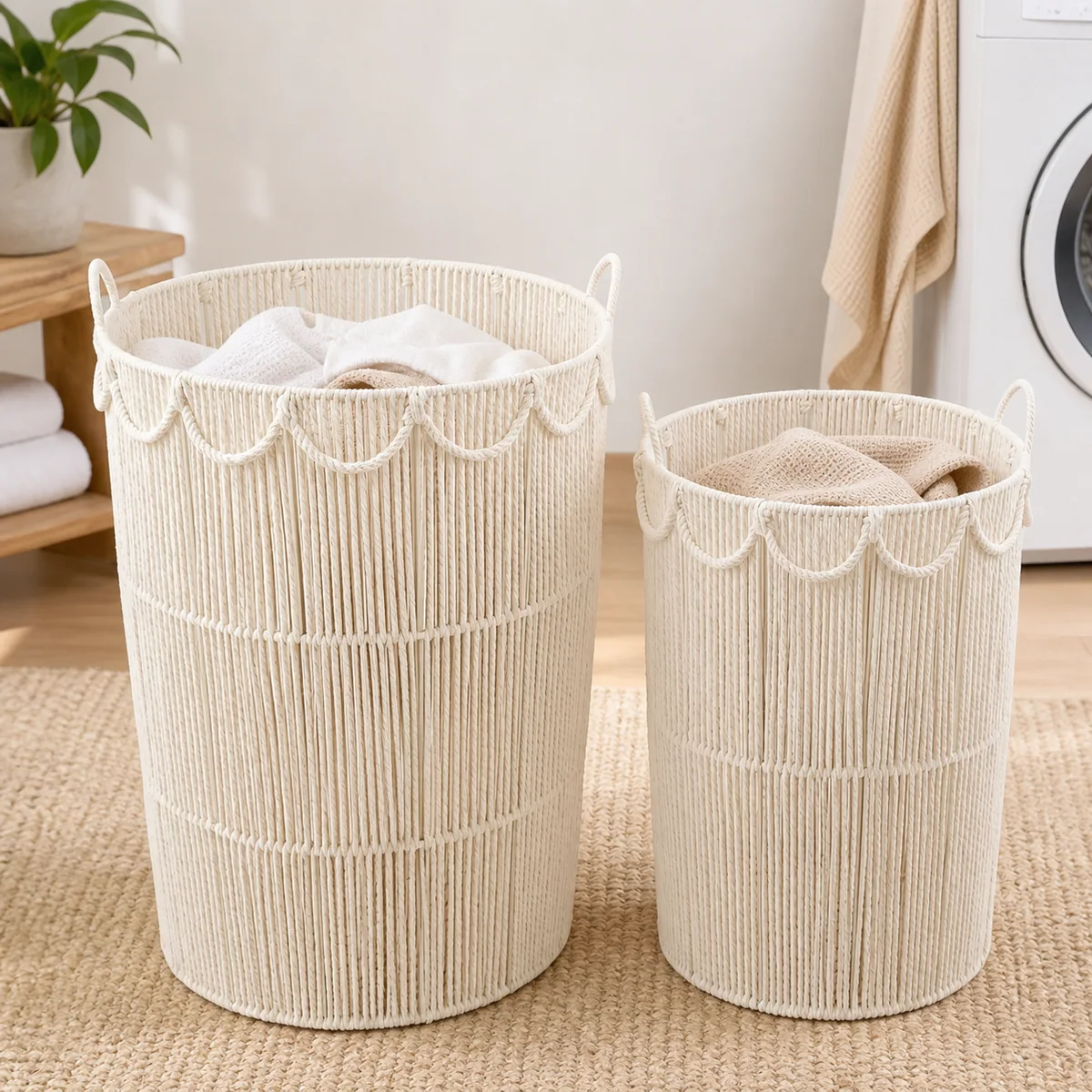 Warm White Paper Rope Round 2-Piece Nested Tall Laundry Hamper Set with Open Vertical Weave