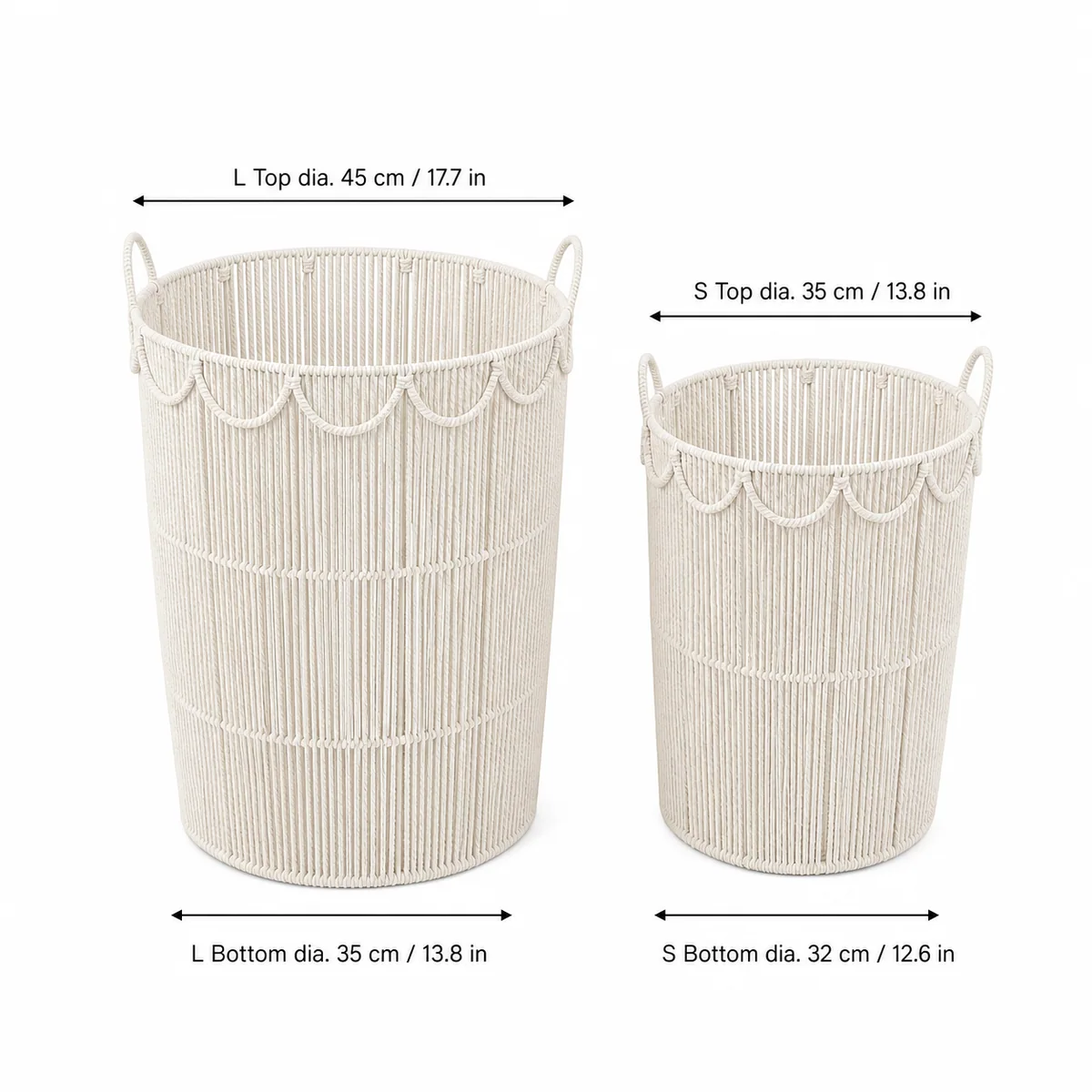 Warm White Paper Rope Round 2-Piece Nested Tall Laundry Hamper Set with Open Vertical Weave