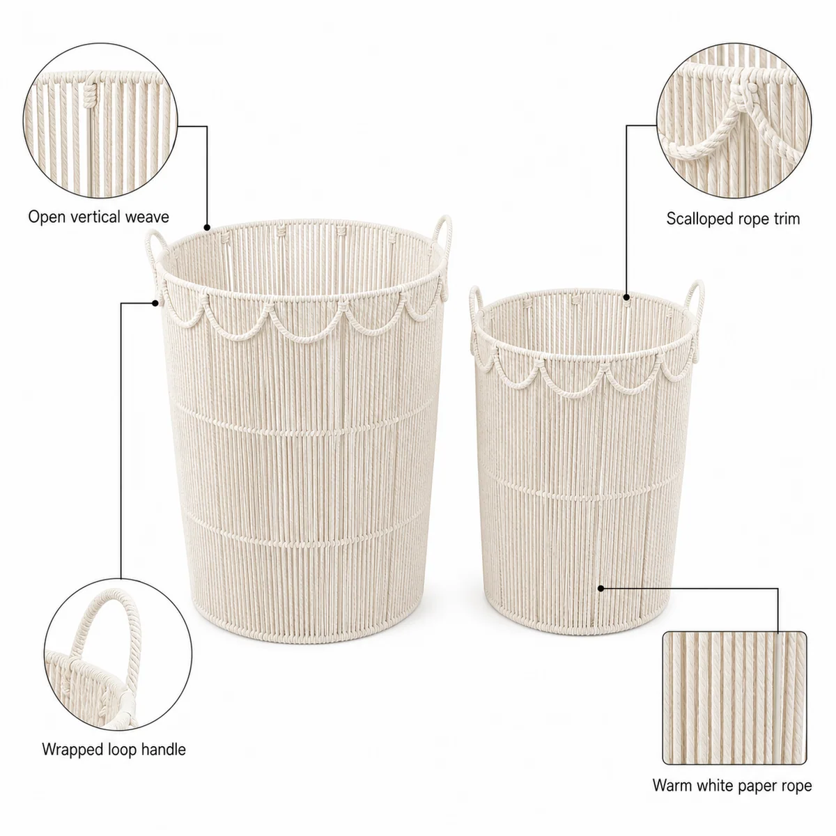 Warm White Paper Rope Round 2-Piece Nested Tall Laundry Hamper Set with Open Vertical Weave