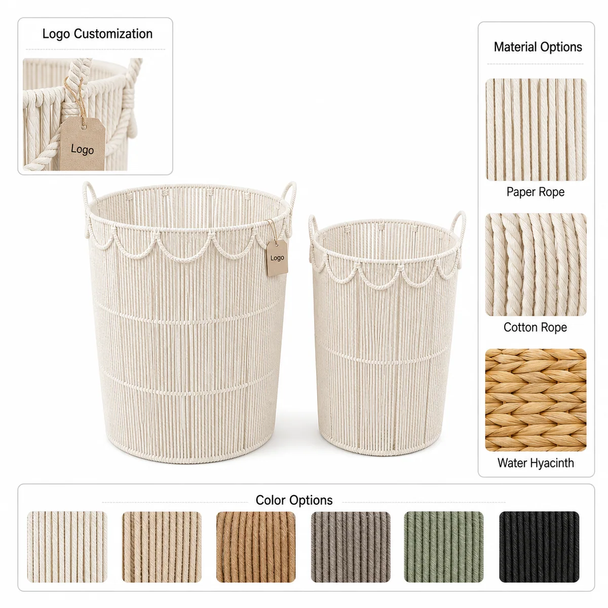 Warm White Paper Rope Round 2-Piece Nested Tall Laundry Hamper Set with Open Vertical Weave