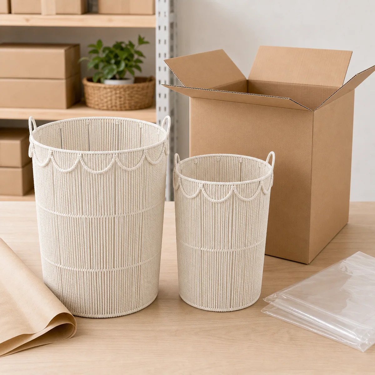 Warm White Paper Rope Round 2-Piece Nested Tall Laundry Hamper Set with Open Vertical Weave