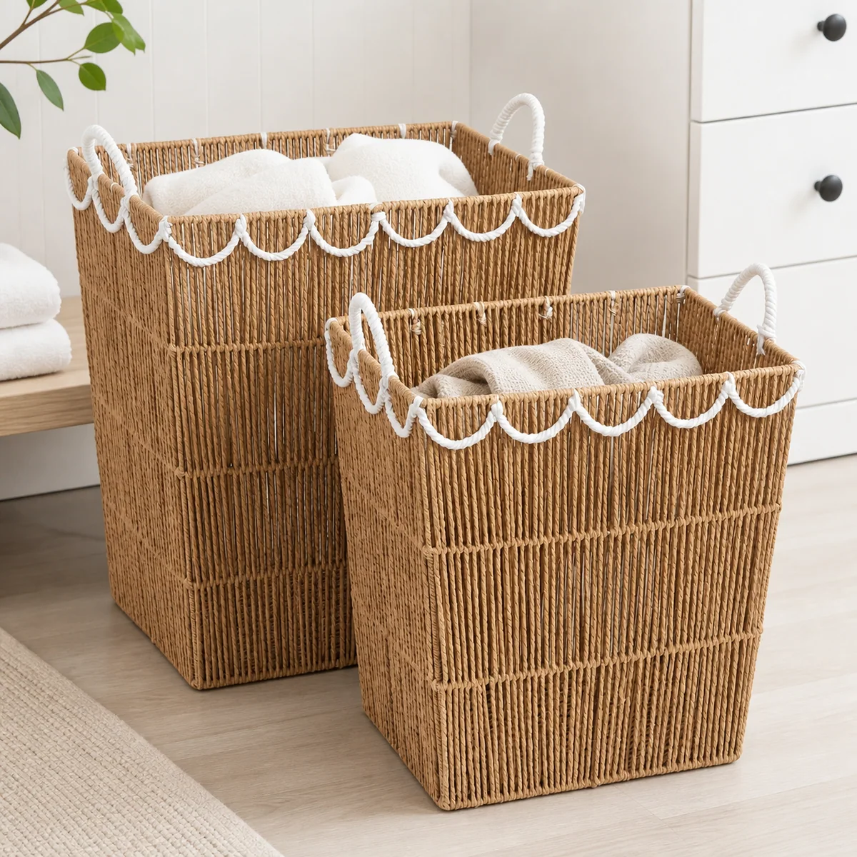 Natural Tan and White Paper Rope Rectangular 2-Piece Tall Laundry Hamper Set with Open Vertical Weave