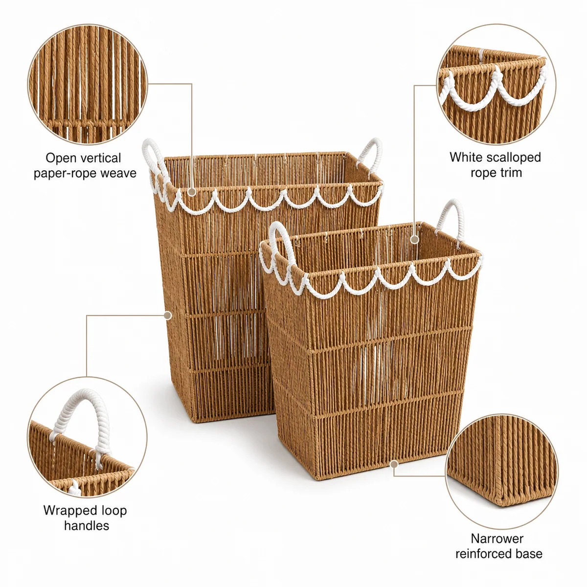Natural Tan and White Paper Rope Rectangular 2-Piece Tall Laundry Hamper Set with Open Vertical Weave
