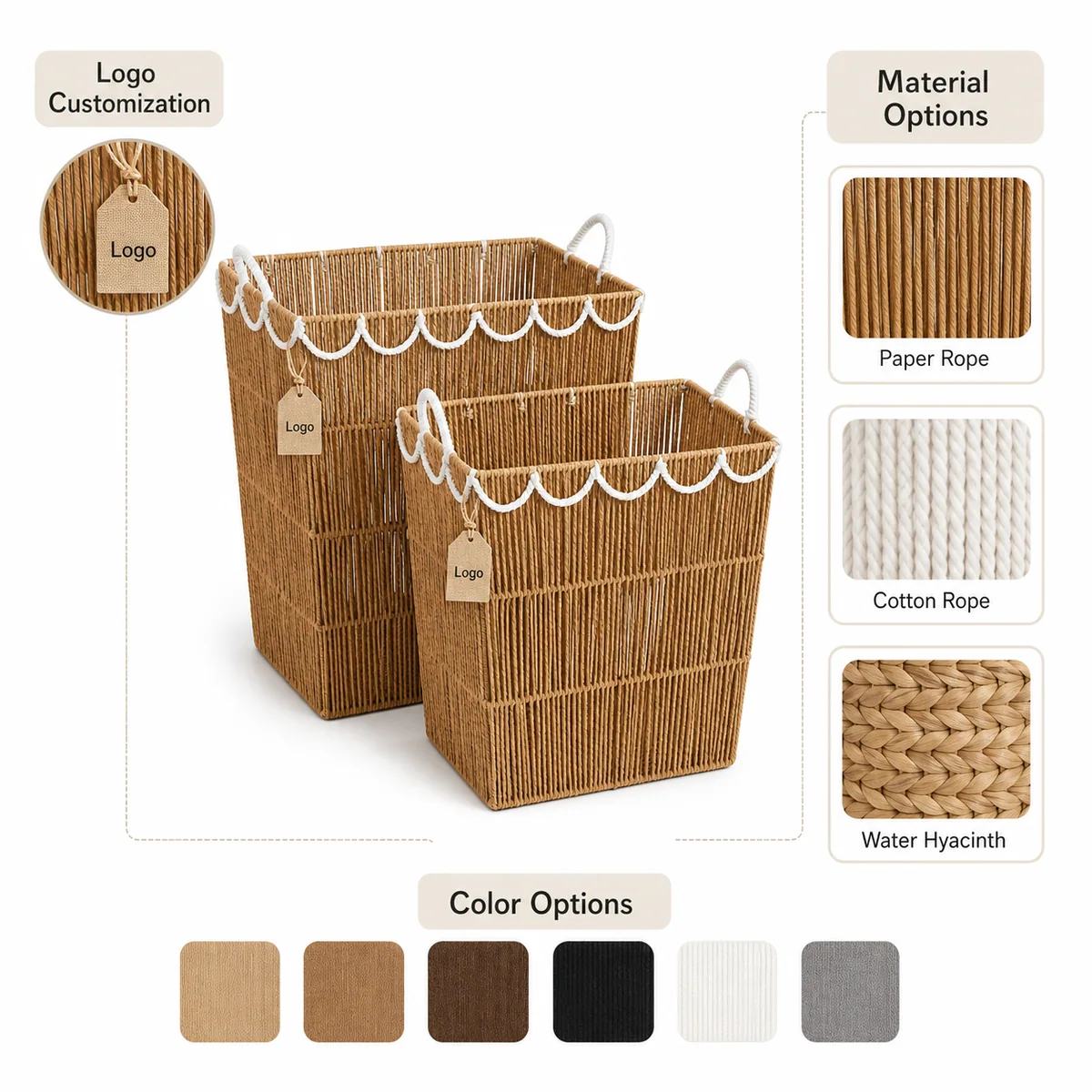 Natural Tan and White Paper Rope Rectangular 2-Piece Tall Laundry Hamper Set with Open Vertical Weave