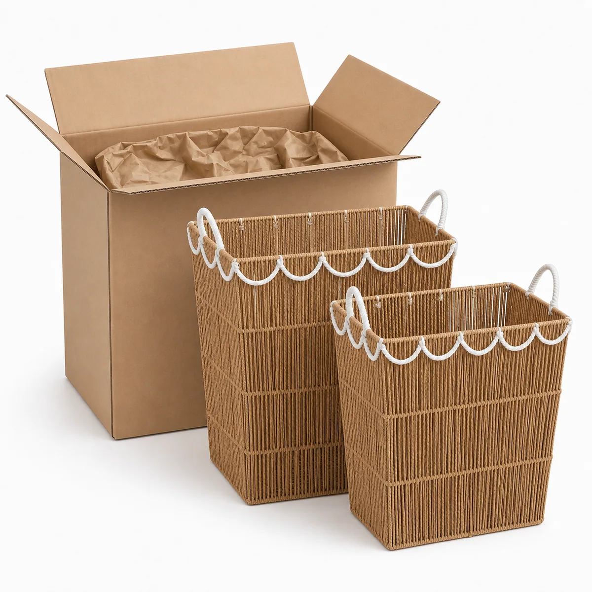 Natural Tan and White Paper Rope Rectangular 2-Piece Tall Laundry Hamper Set with Open Vertical Weave