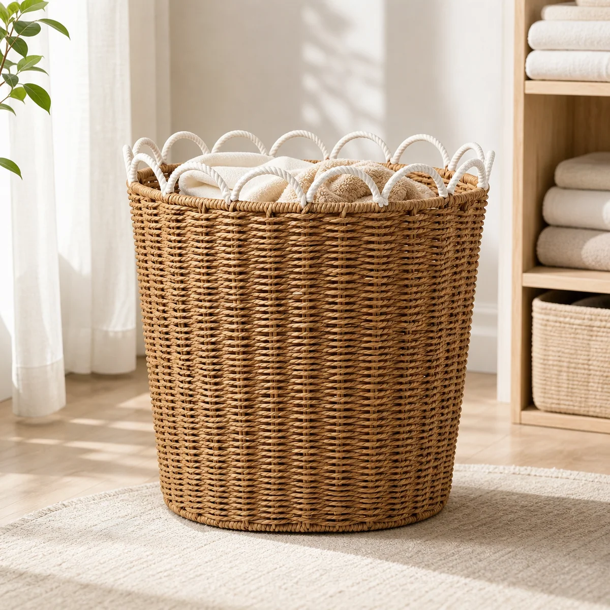 Natural Tan Paper Rope Oval Tall Laundry Hamper with Open Vertical Weave