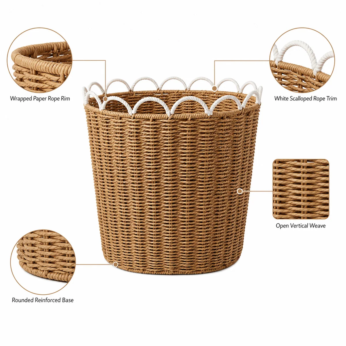 Natural Tan Paper Rope Oval Tall Laundry Hamper with Open Vertical Weave