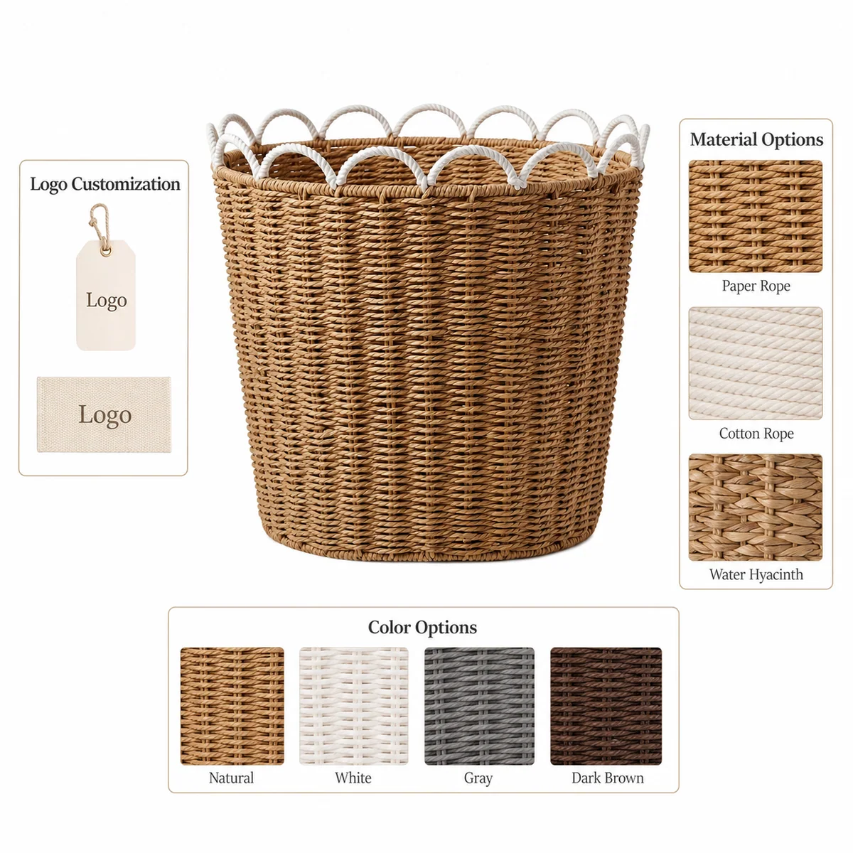 Natural Tan Paper Rope Oval Tall Laundry Hamper with Open Vertical Weave