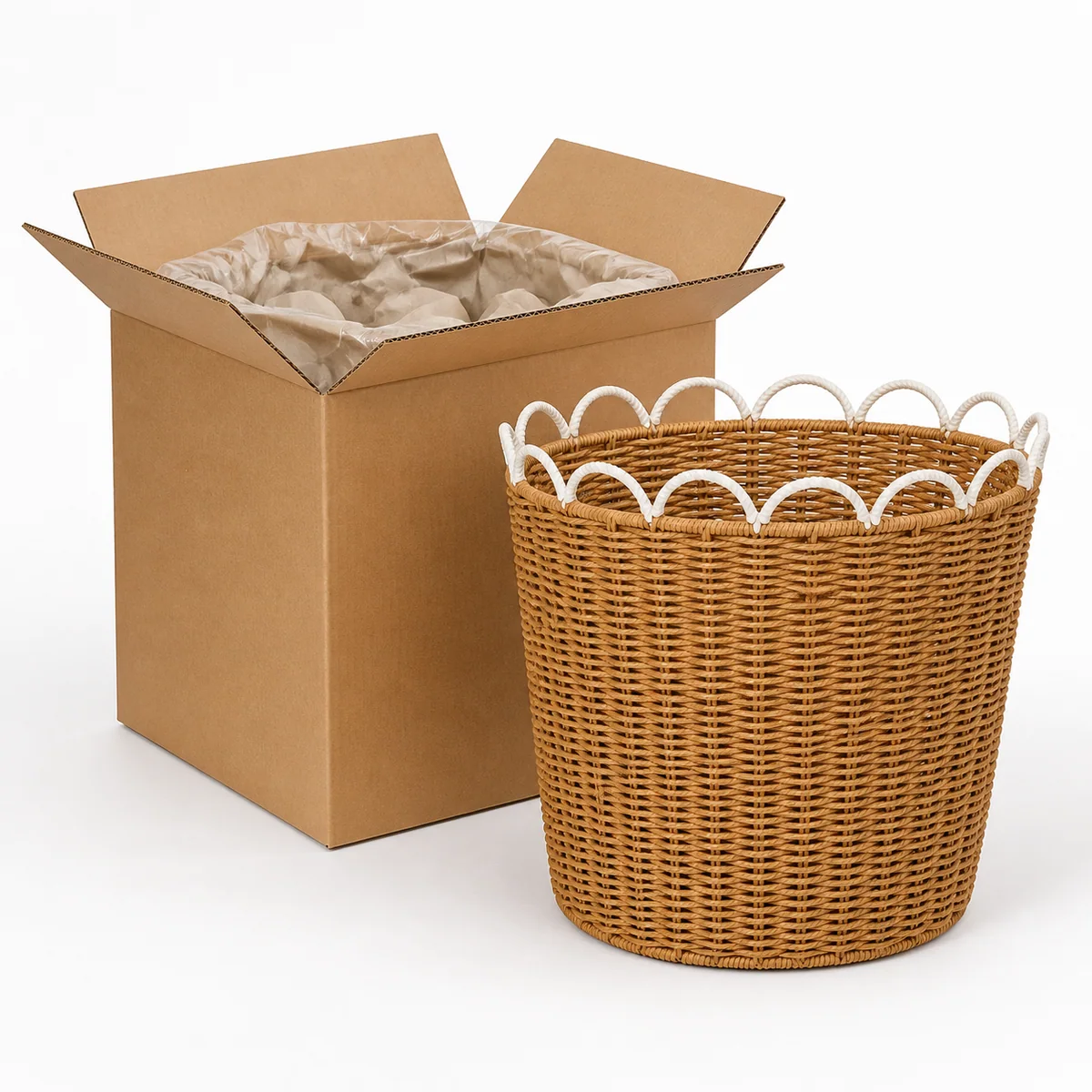 Natural Tan Paper Rope Oval Tall Laundry Hamper with Open Vertical Weave
