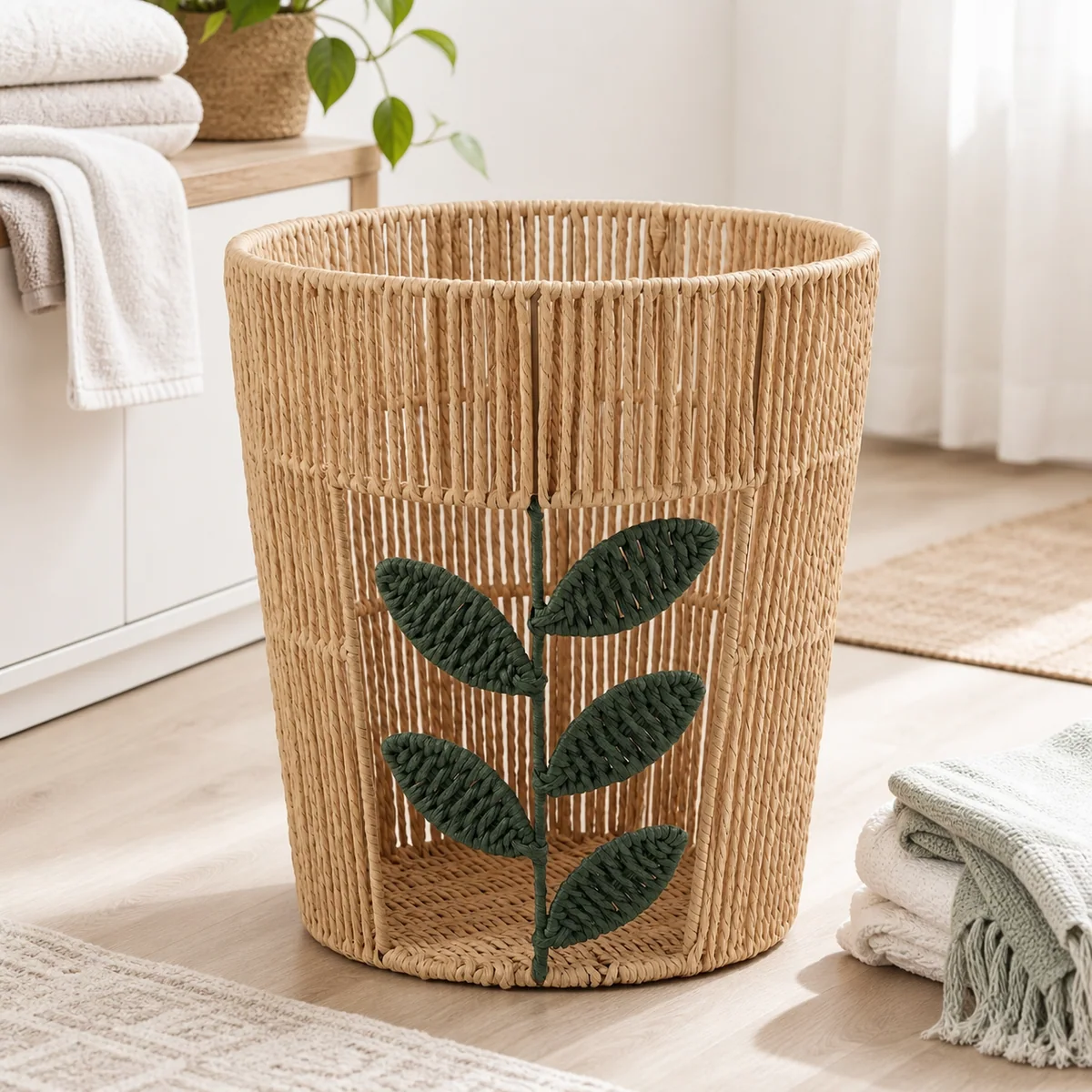 Natural Tan Paper Rope Round Laundry Hamper with Dark Green Leaf Pattern