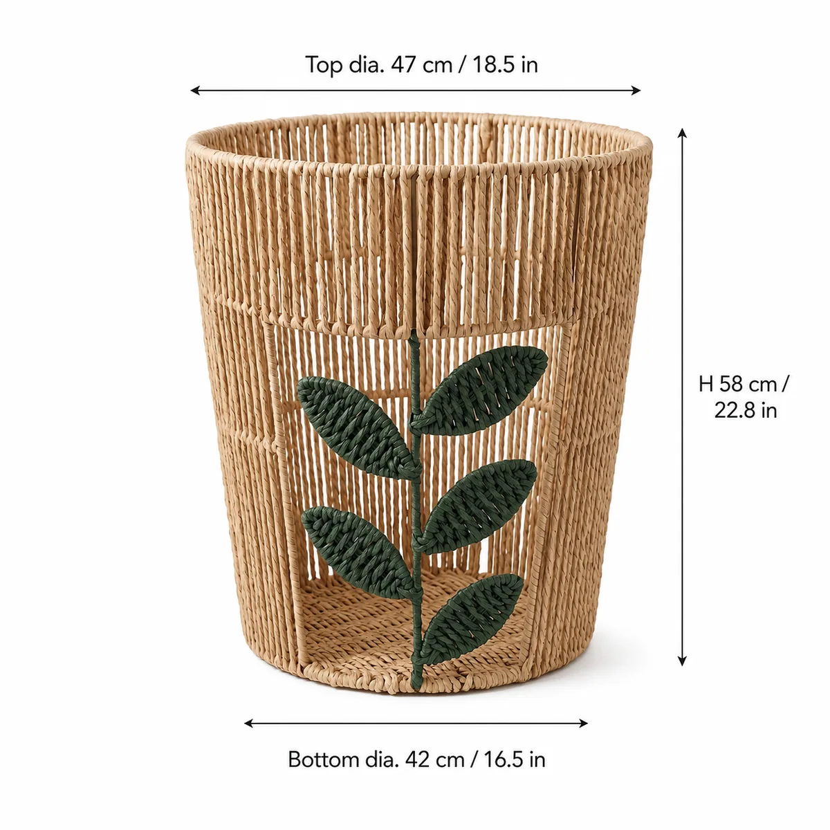 Natural Tan Paper Rope Round Laundry Hamper with Dark Green Leaf Pattern