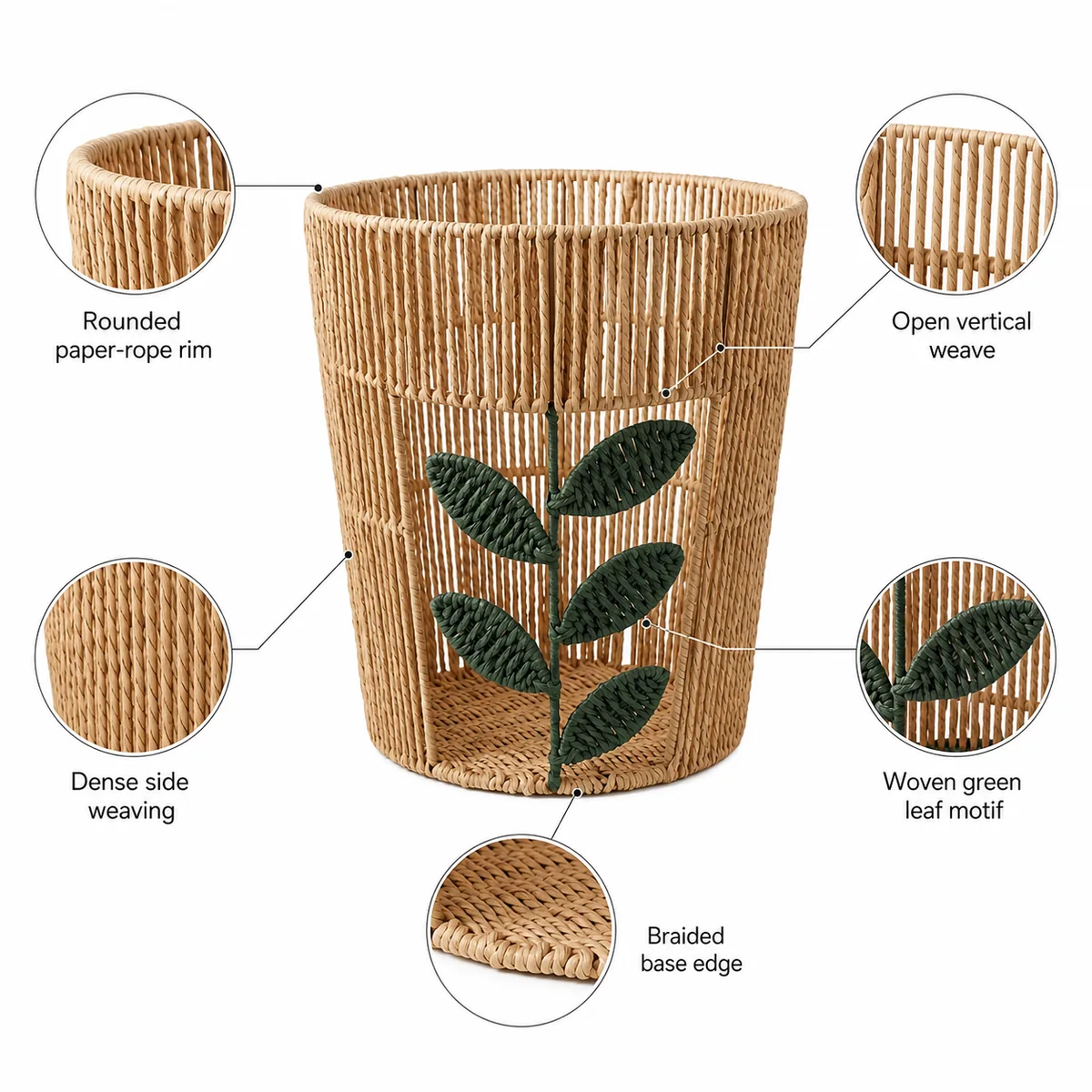 Natural Tan Paper Rope Round Laundry Hamper with Dark Green Leaf Pattern