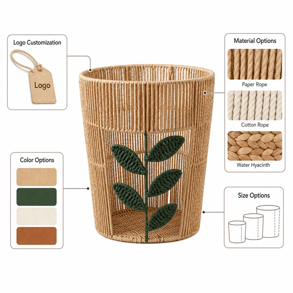 Natural Tan Paper Rope Round Laundry Hamper with Dark Green Leaf Pattern