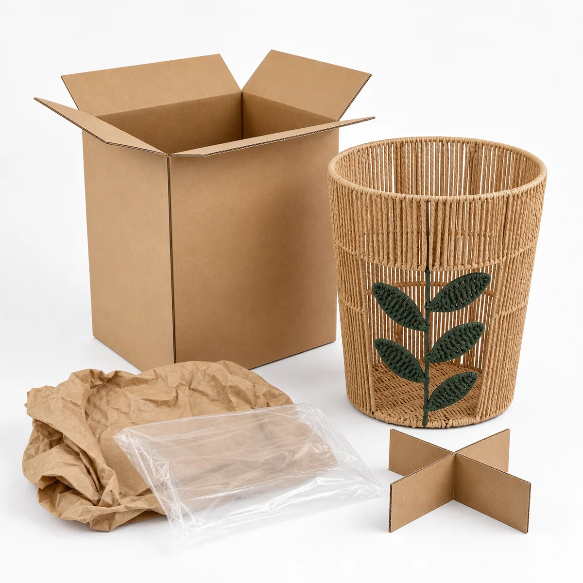 Natural Tan Paper Rope Round Laundry Hamper with Dark Green Leaf Pattern