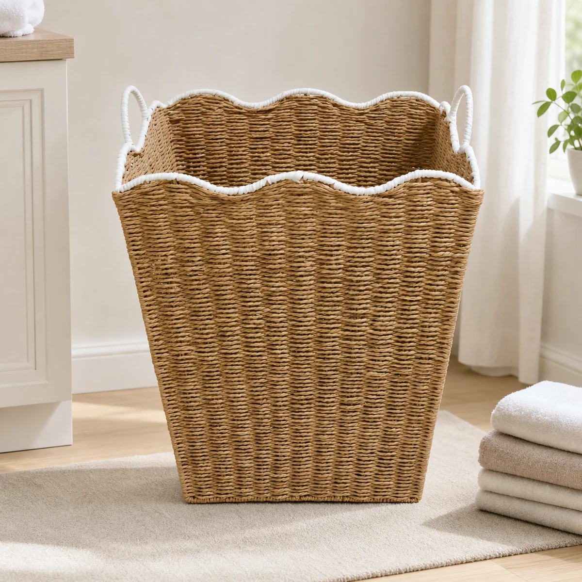 Natural Tan and White Paper Rope Rectangular Tall Laundry Hamper with Wavy Rim and Loop Handles