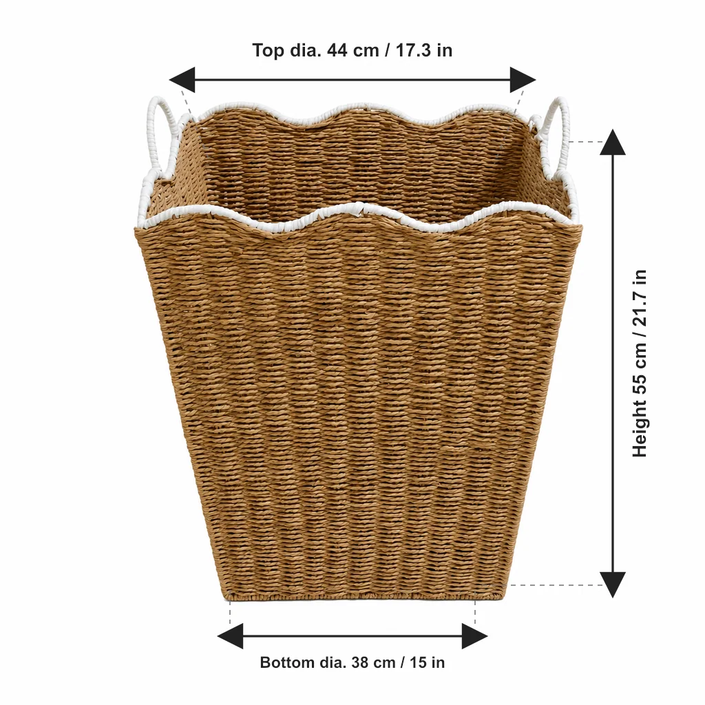 Natural Tan and White Paper Rope Rectangular Tall Laundry Hamper with Wavy Rim and Loop Handles
