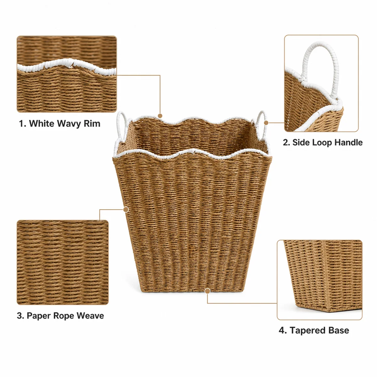 Natural Tan and White Paper Rope Rectangular Tall Laundry Hamper with Wavy Rim and Loop Handles