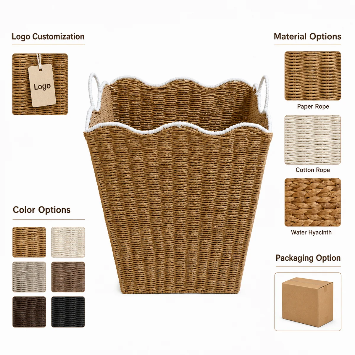 Natural Tan and White Paper Rope Rectangular Tall Laundry Hamper with Wavy Rim and Loop Handles