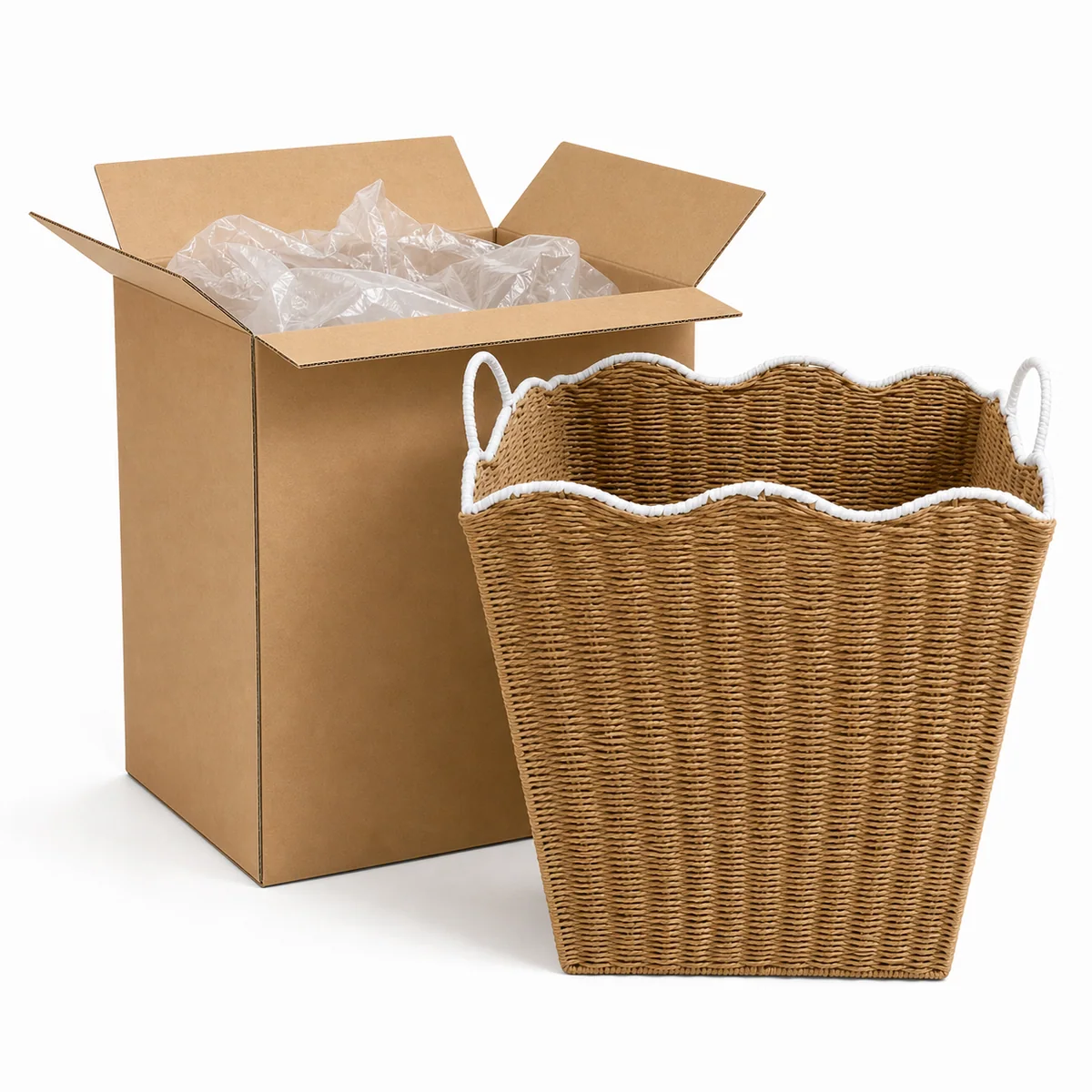 Natural Tan and White Paper Rope Rectangular Tall Laundry Hamper with Wavy Rim and Loop Handles