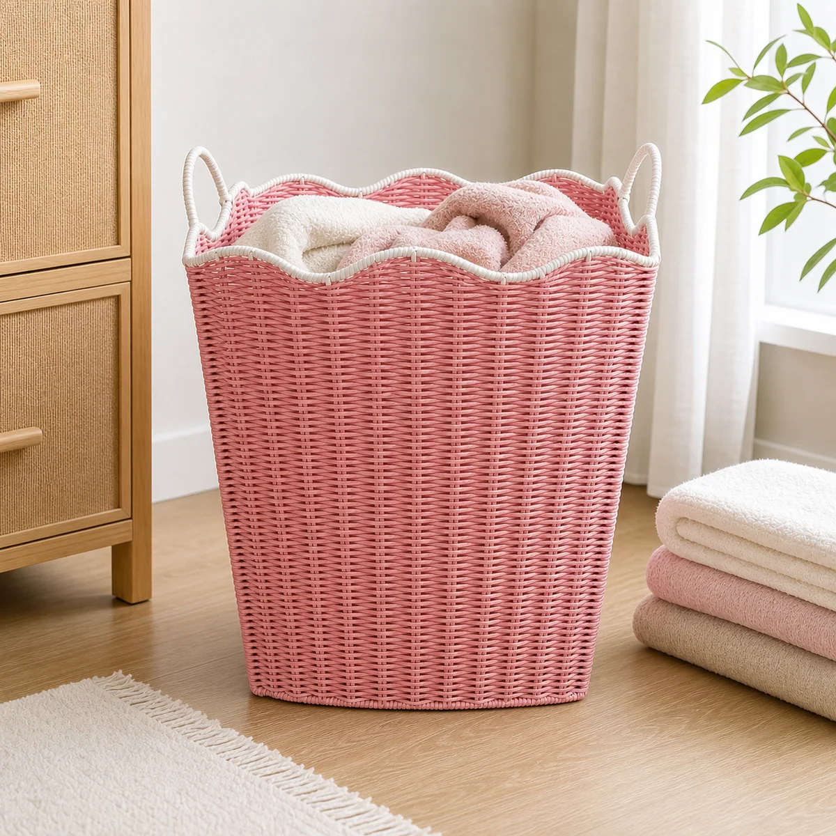 Pink and White Paper Rope Rectangular Tall Laundry Hamper with Wavy Rim and Loop Handles