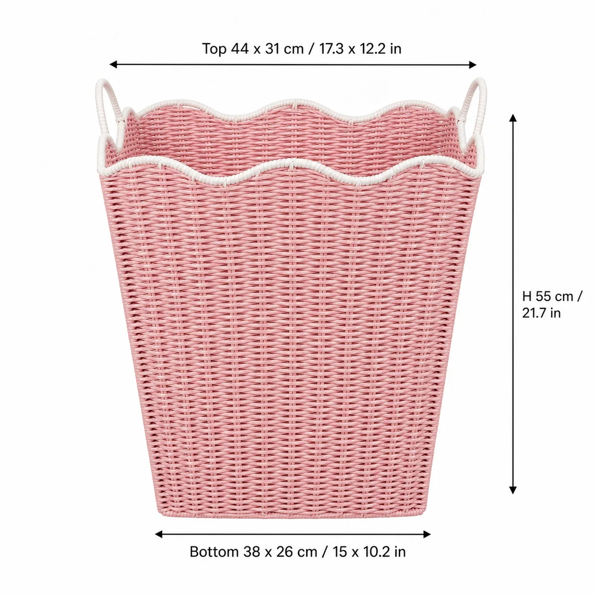 Pink and White Paper Rope Rectangular Tall Laundry Hamper with Wavy Rim and Loop Handles