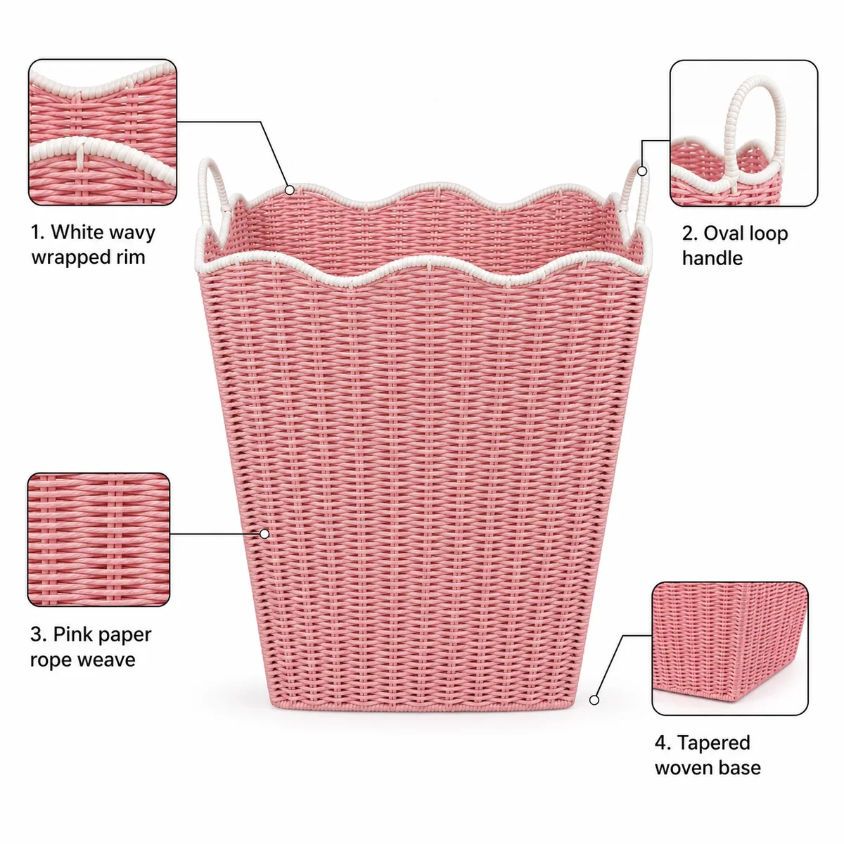 Pink and White Paper Rope Rectangular Tall Laundry Hamper with Wavy Rim and Loop Handles