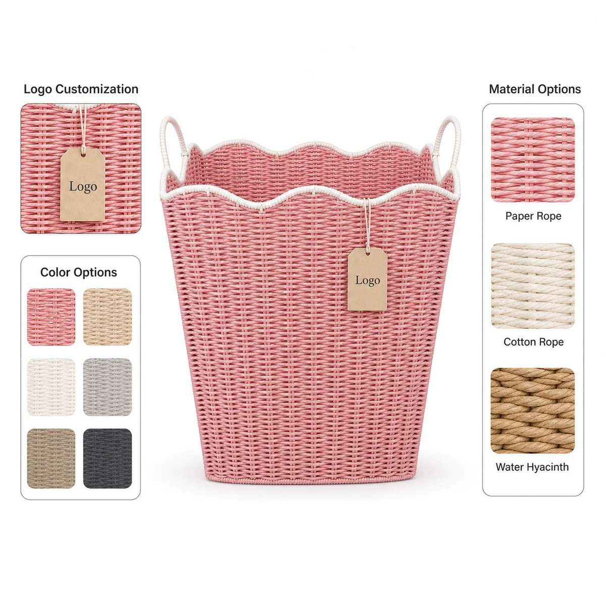 Pink and White Paper Rope Rectangular Tall Laundry Hamper with Wavy Rim and Loop Handles
