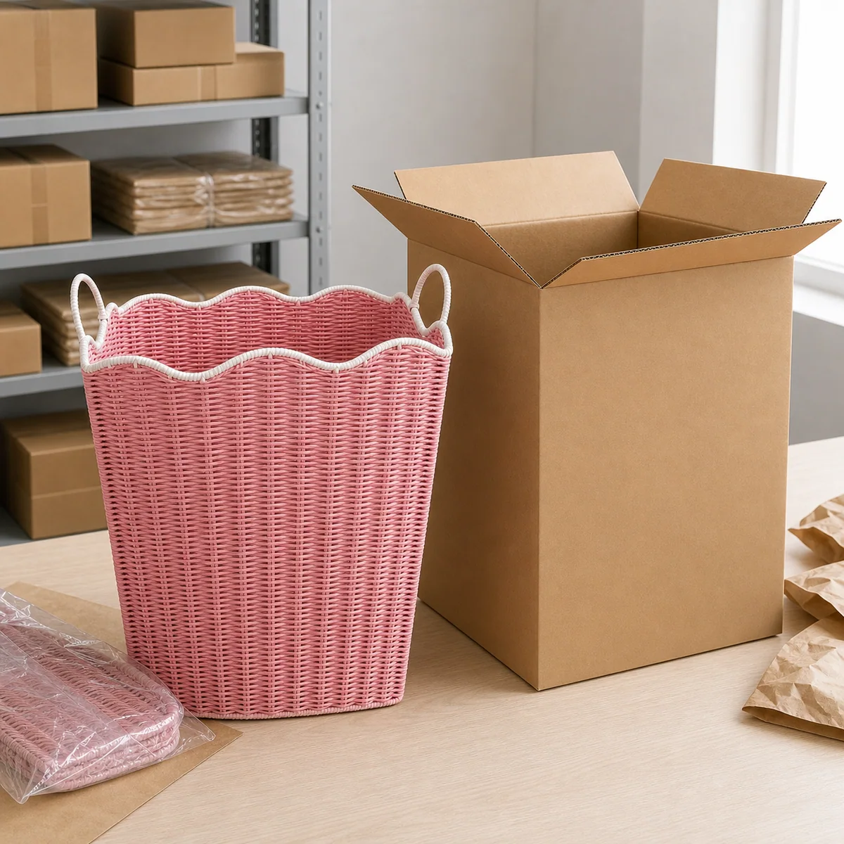 Pink and White Paper Rope Rectangular Tall Laundry Hamper with Wavy Rim and Loop Handles