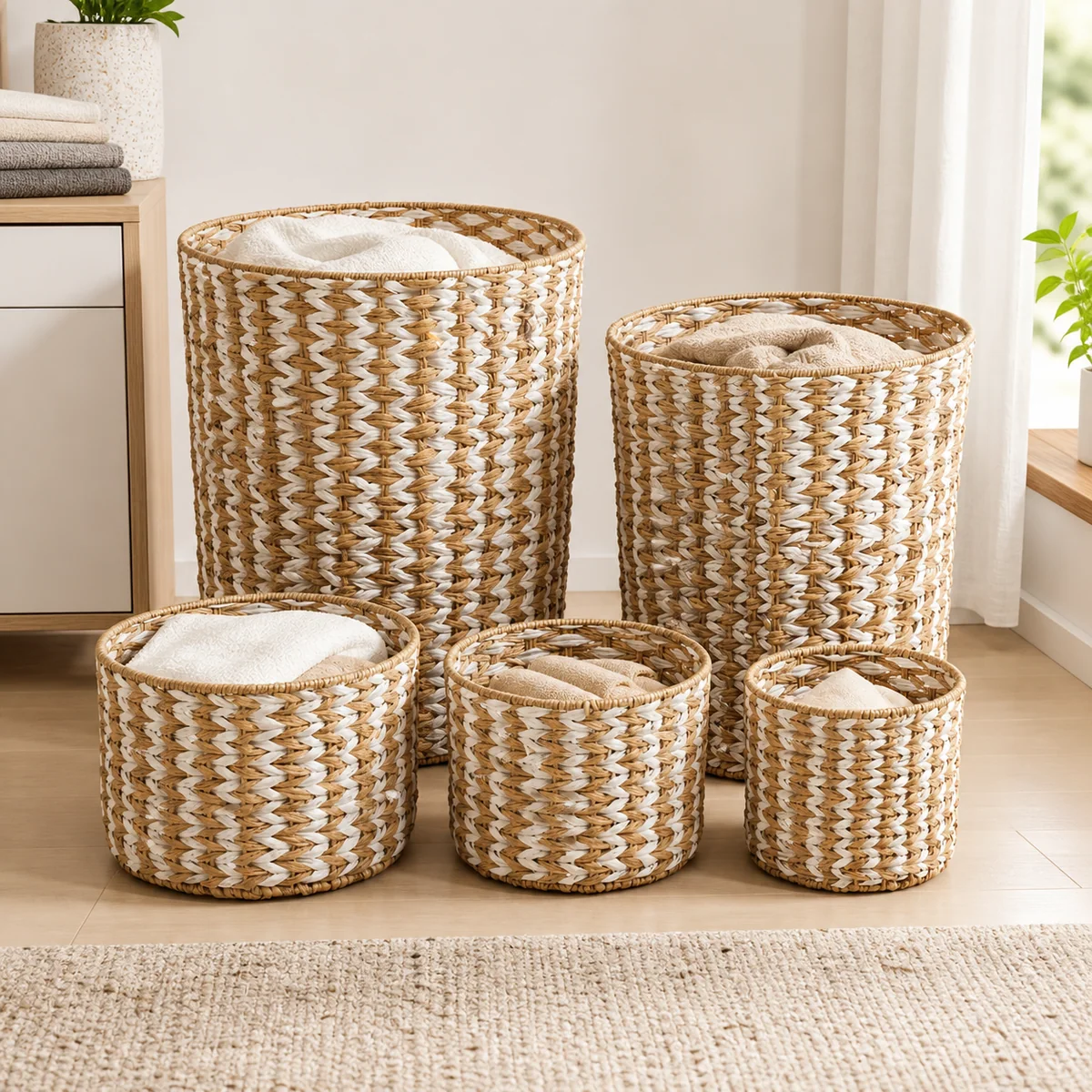 Natural Tan and White Paper Rope Round 5-Piece Laundry Hamper and Basket Set with Chevron Weave