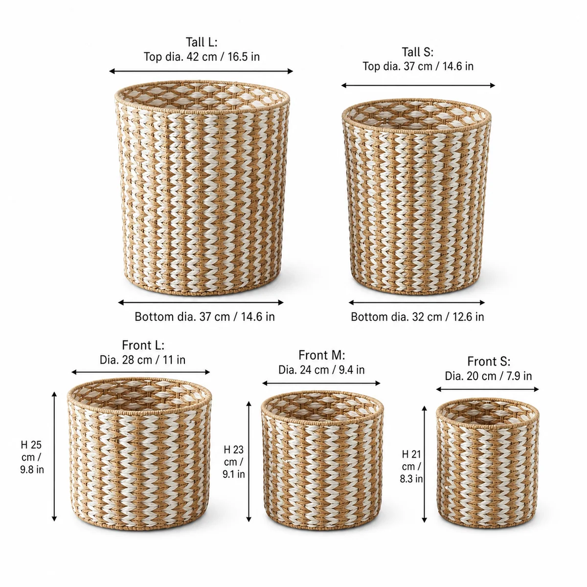 Natural Tan and White Paper Rope Round 5-Piece Laundry Hamper and Basket Set with Chevron Weave
