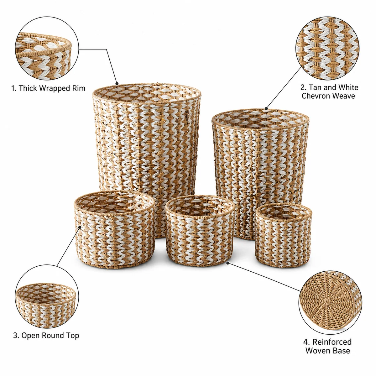 Natural Tan and White Paper Rope Round 5-Piece Laundry Hamper and Basket Set with Chevron Weave