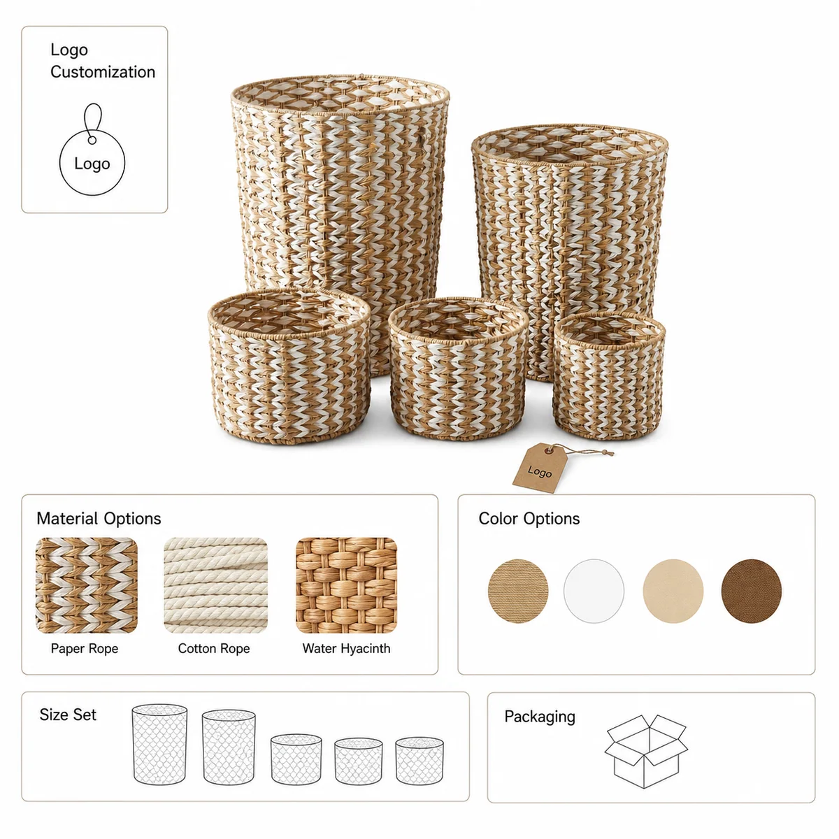 Natural Tan and White Paper Rope Round 5-Piece Laundry Hamper and Basket Set with Chevron Weave
