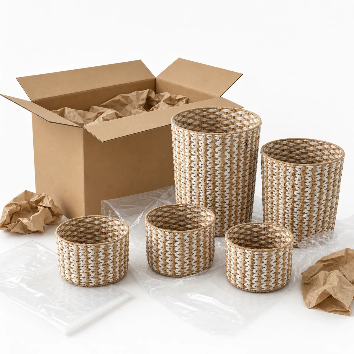 Natural Tan and White Paper Rope Round 5-Piece Laundry Hamper and Basket Set with Chevron Weave